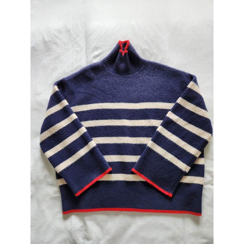 Zara Striped Mock Neck Sweater Womens Small Navy Blue Red Trim Nautical Ribbed